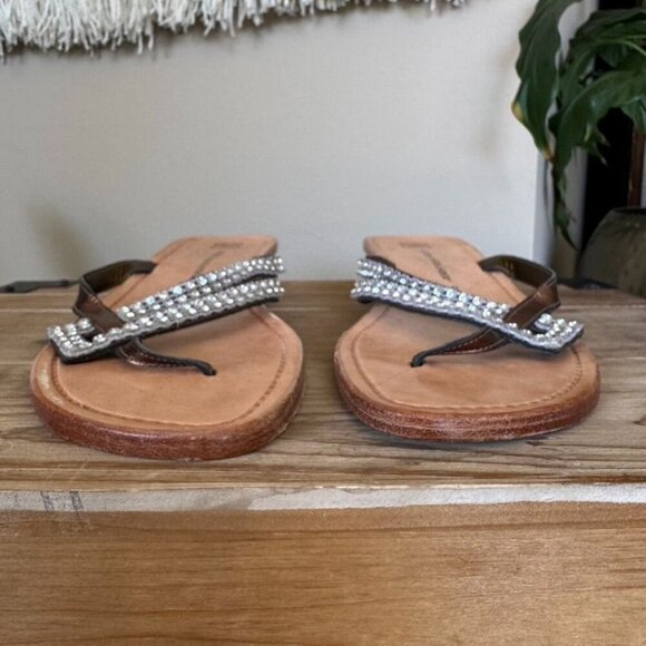 Athena Alexander Metallic Brown Rhinestone Embellished Low Heeled Thing Sandal - Picture 4 of 13